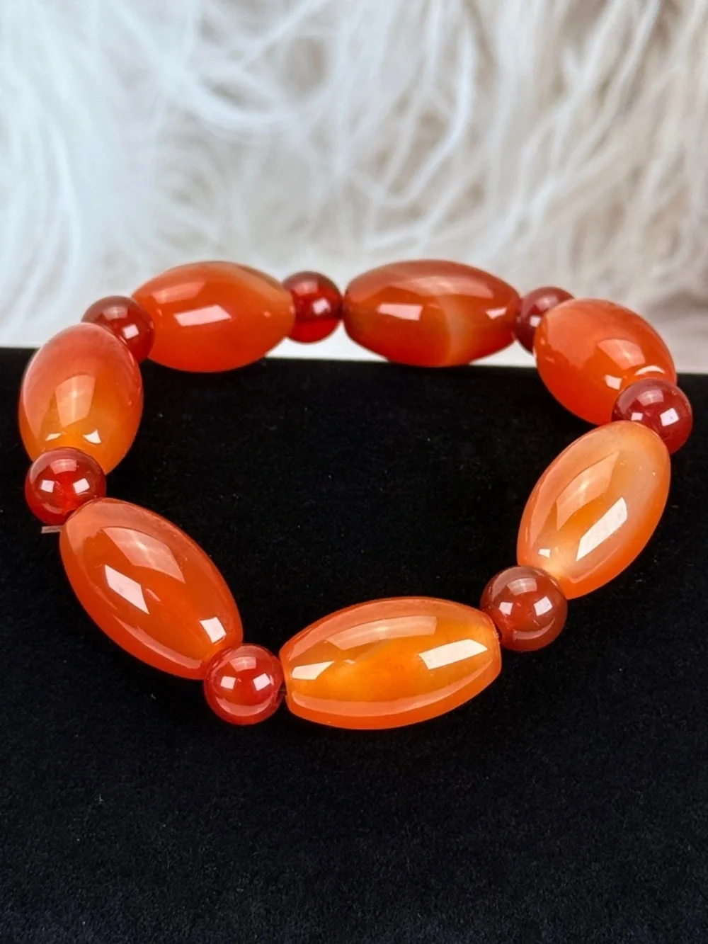 Orange, red agate carnelian stone stretch beaded bracelet
